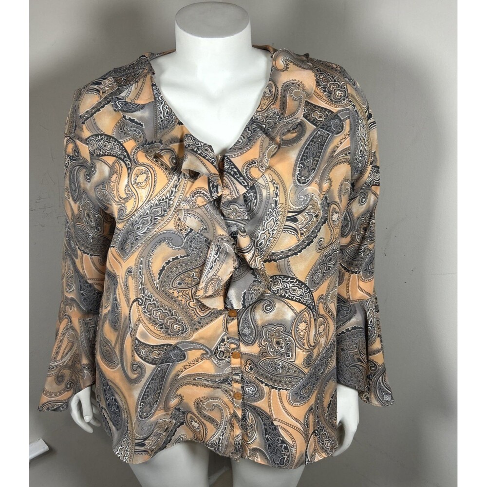 Paisley Ruffle‎ Blouse 2X Boho Romantic Vintage Chic Retro Flowy Bell Sleeve Top